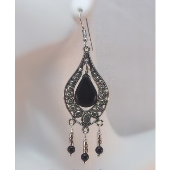 Black Onyx and Silver Teardrop Chandelier Earrings - Picture 2 of 3